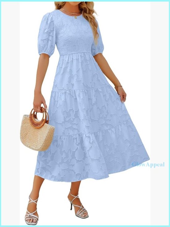 Dresses & Skirts - Summer Puff Sleeve Smocked Maxi Dress Floral Lace Tiered Midi